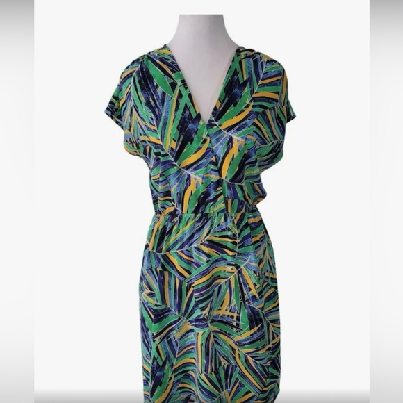 Halogen V-neck Faux Wrap Dress Midi Tropical Office Colorfull Beachy Vacation - Picture 6 of 6